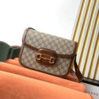 GG 1955 ホースビットバッグ 25cm ブラウンレザー ベージュキャンバス ゴールド金具