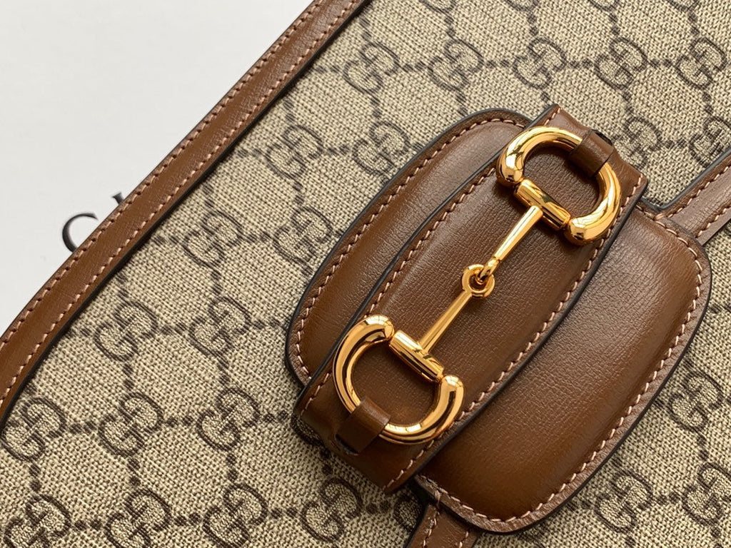 GG 1955 ホースビットバッグ 25cm ブラウンレザー ベージュキャンバス ゴールド金具
