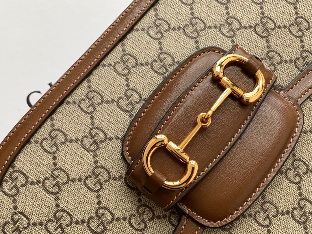 GG 1955 ホースビットバッグ 25cm ブラウンレザー ベージュキャンバス ゴールド金具