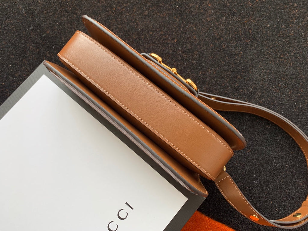 GG 1955 ホースビットバッグ 25cm ブラウンレザー ベージュキャンバス ゴールド金具