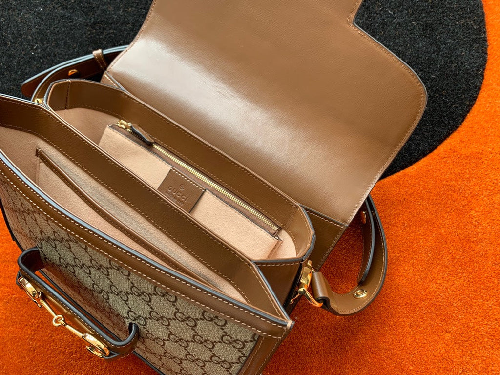 GG 1955 ホースビットバッグ 25cm ブラウンレザー ベージュキャンバス ゴールド金具