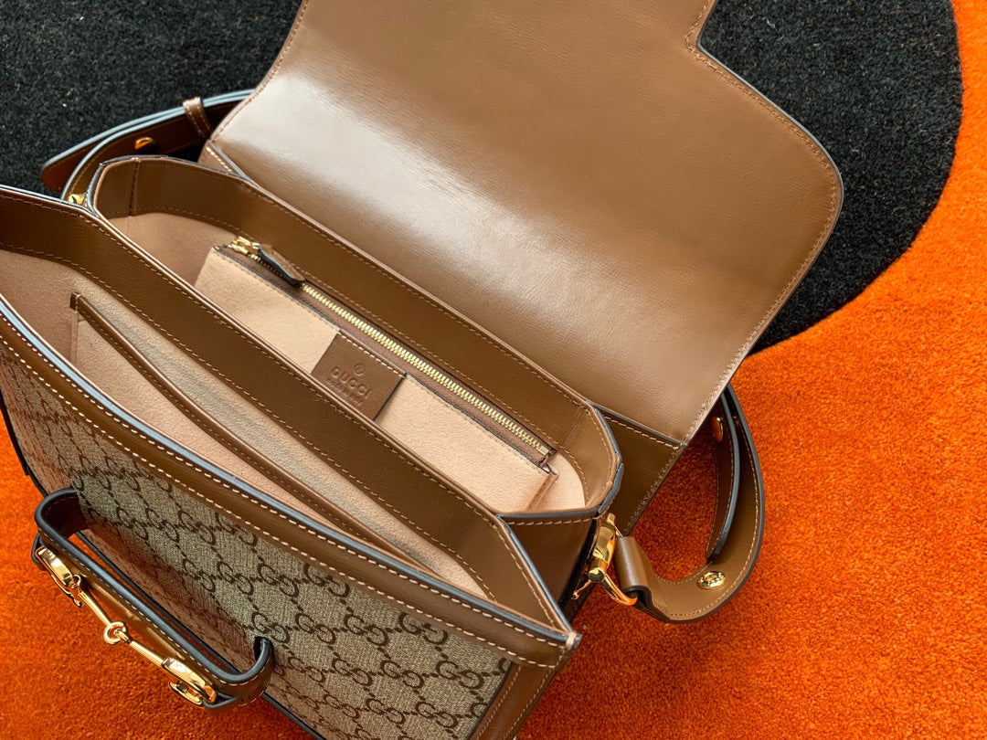 GG 1955 ホースビットバッグ 25cm ブラウンレザー ベージュキャンバス ゴールド金具