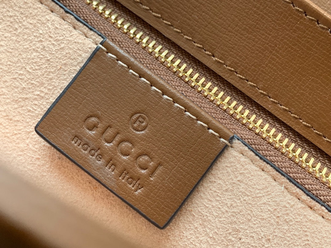 GG 1955 ホースビットバッグ 25cm ブラウンレザー ベージュキャンバス ゴールド金具